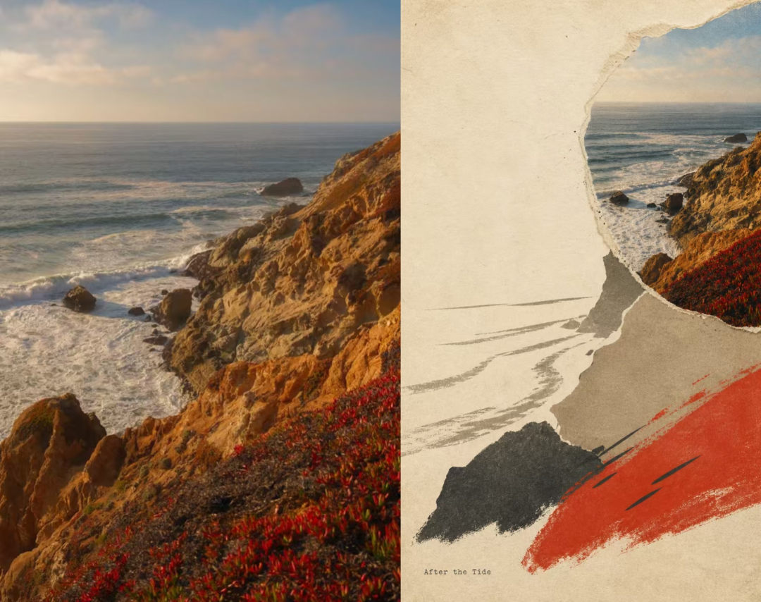 Coastal cliff photo next to its torn-paper collage zine treatment