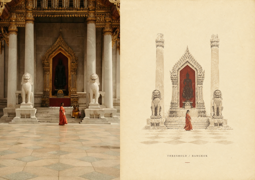 Bangkok temple photo next to its minimal zine poster treatment
